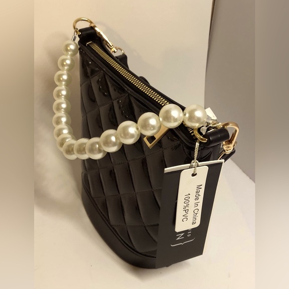 Le Miel Handbags - LeMeil Black quilted vegan leather bucket/crossbody Bag. Pearl Handle.